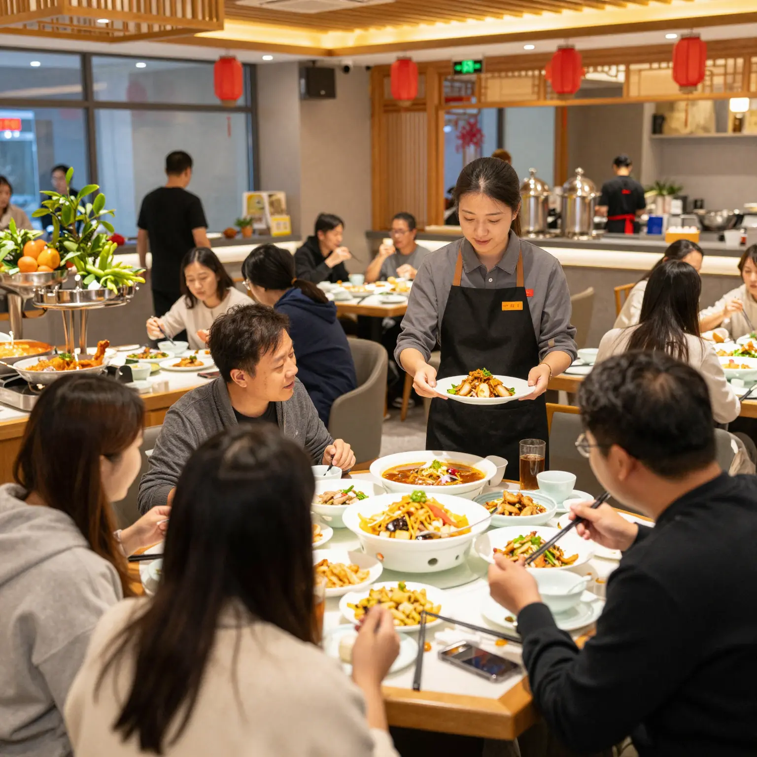 A vibrant atmosphere showing diners enjoying a buffet meal at China Bear Buffet