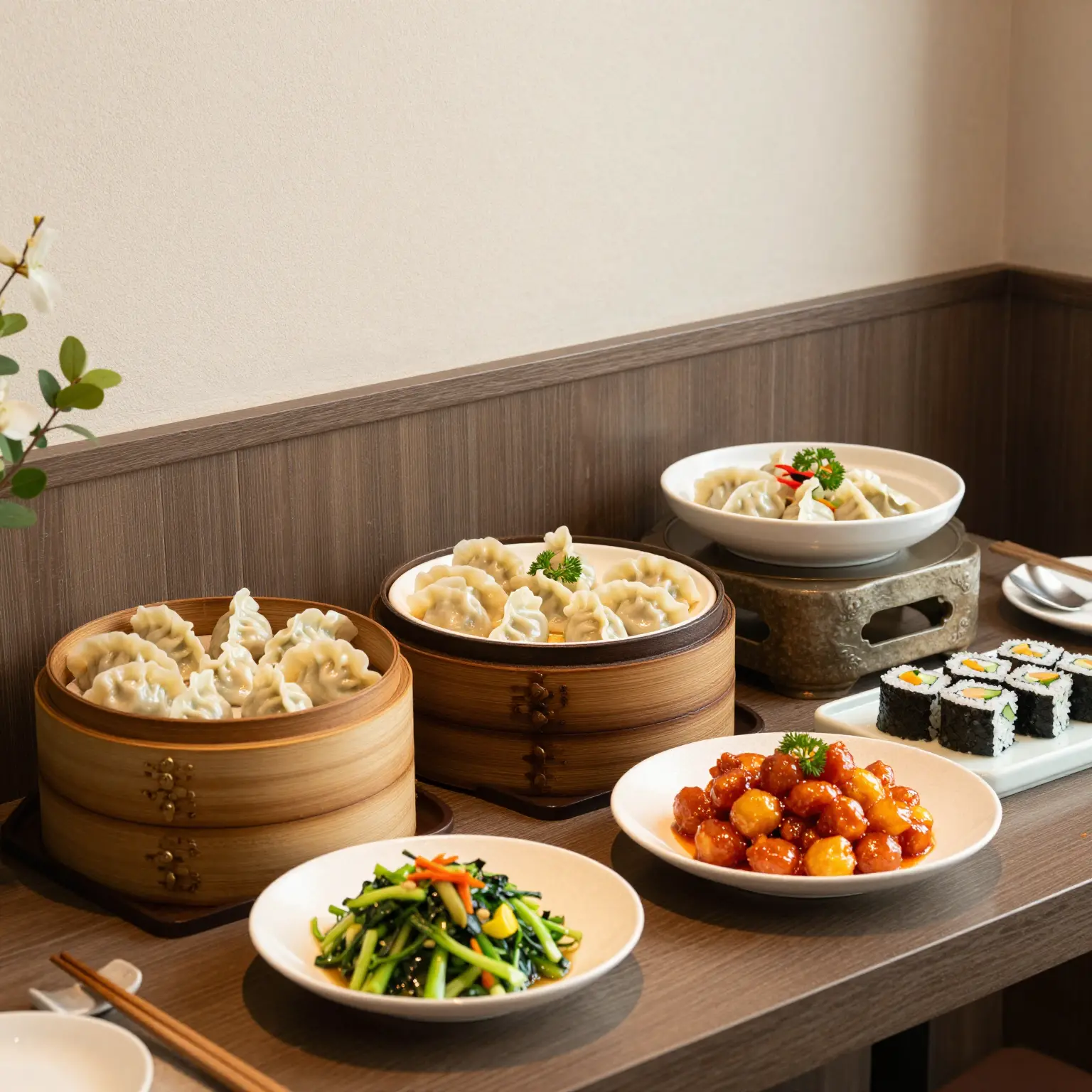 Buffet setting with various dishes
