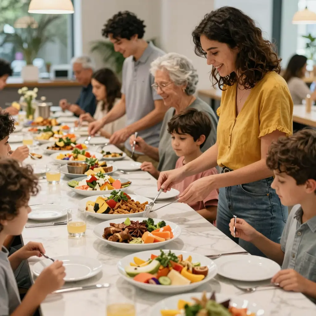 A family dining experience at a buffet, showing people of various ages joyfully interacting as they choose food.