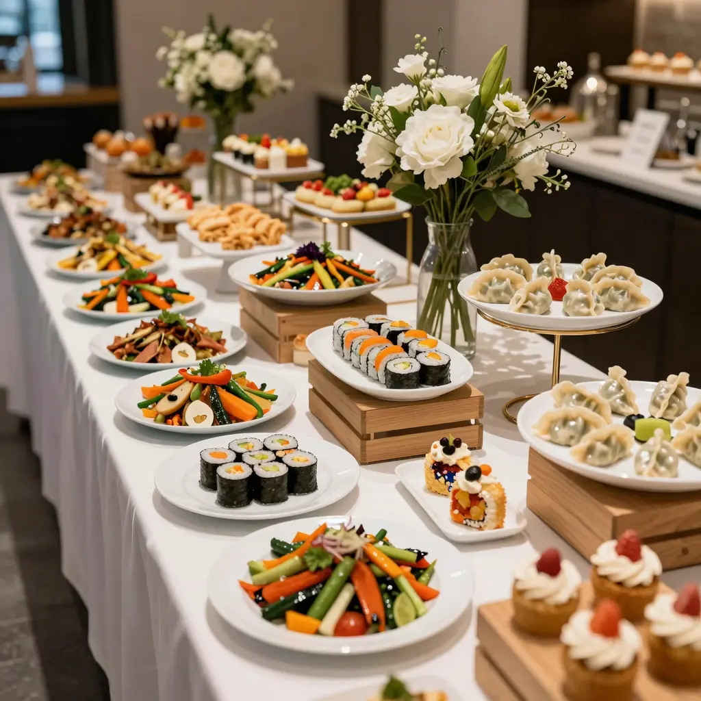 A vibrant buffet setting showcasing a variety of colorful dishes, including sushi, stir-fried vegetables, dumplings, and desserts, arranged beautifully on a long table.