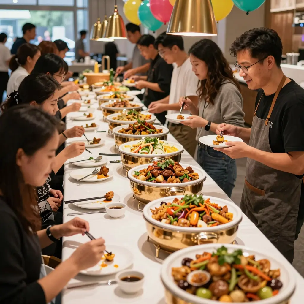 Vibrant buffet setting showcasing delicious Chinese cuisine