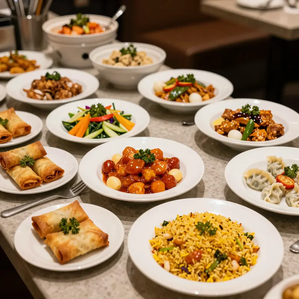 A colorful buffet spread typical of a Chinese buffet restaurant.