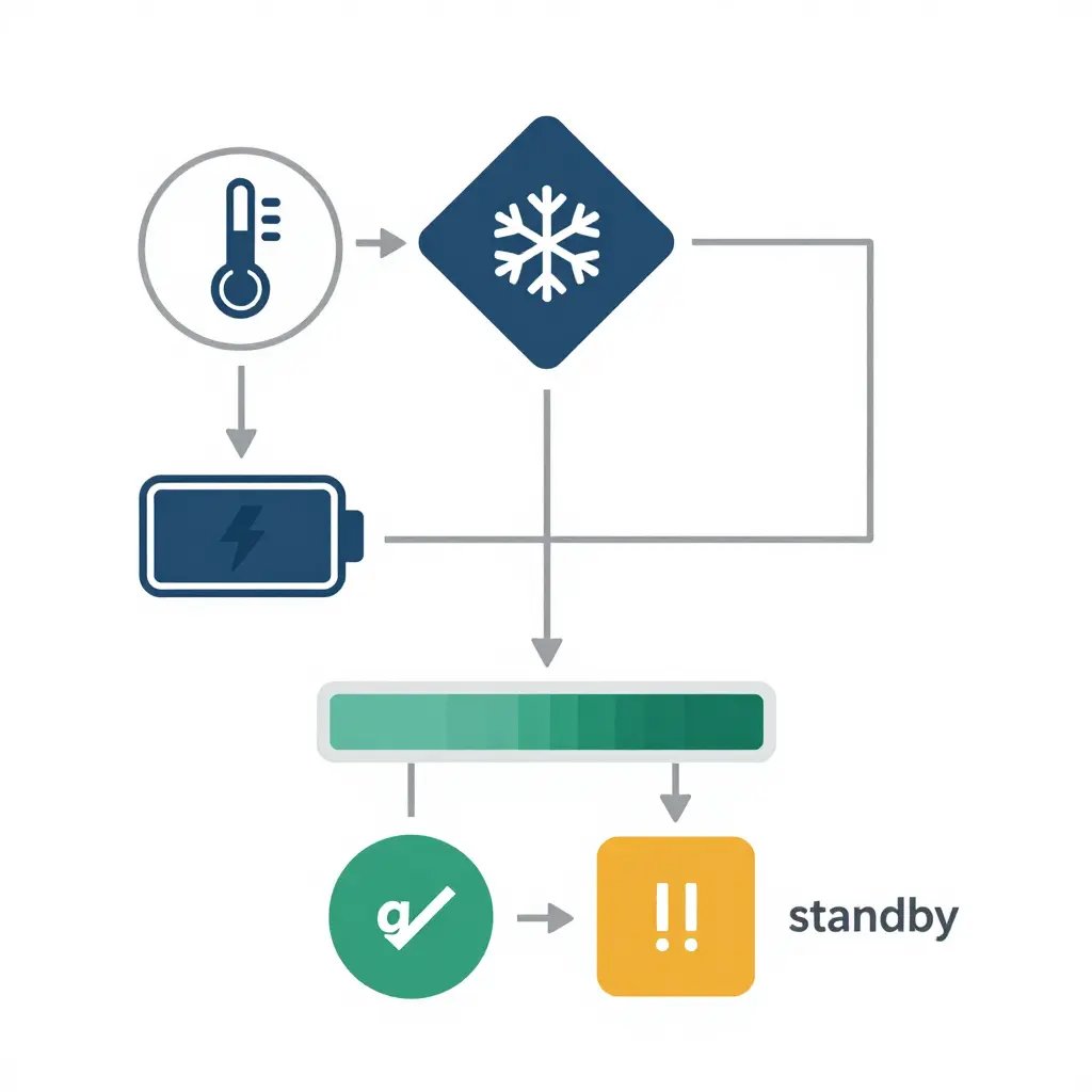 Minimal five-stage decision flow for deploying electric excavators in cold weather: temperature check, pre-conditioning decision, charge strategy, runtime margin assessment, and go or standby outcome.
