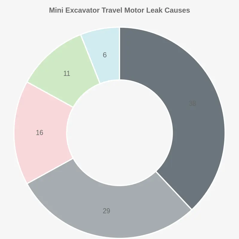 A doughnut chart showing the typical distribution of mini excavator travel motor leak causes: case drain back pressure 38%, worn shaft seals 29%, contaminated oil 16%, damaged drain line 11%, and other 6%.