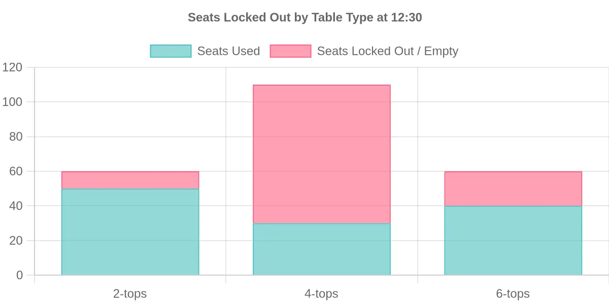 Stacked bar chart of seats locked out by table type at 12:30