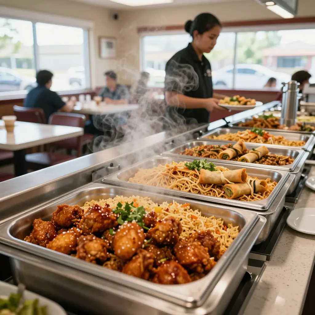 Steam trays filled with orange chicken, fried rice, and lo mein on a busy Asian buffet hot line in Cape Coral