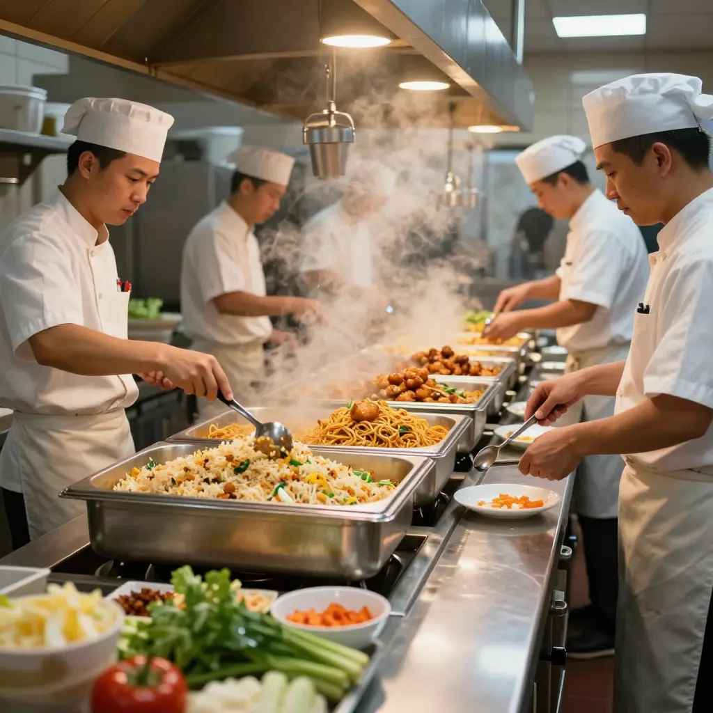 Cooks lighting the sterno burners under stainless steel chafing dishes on a buffet hot line in the morning