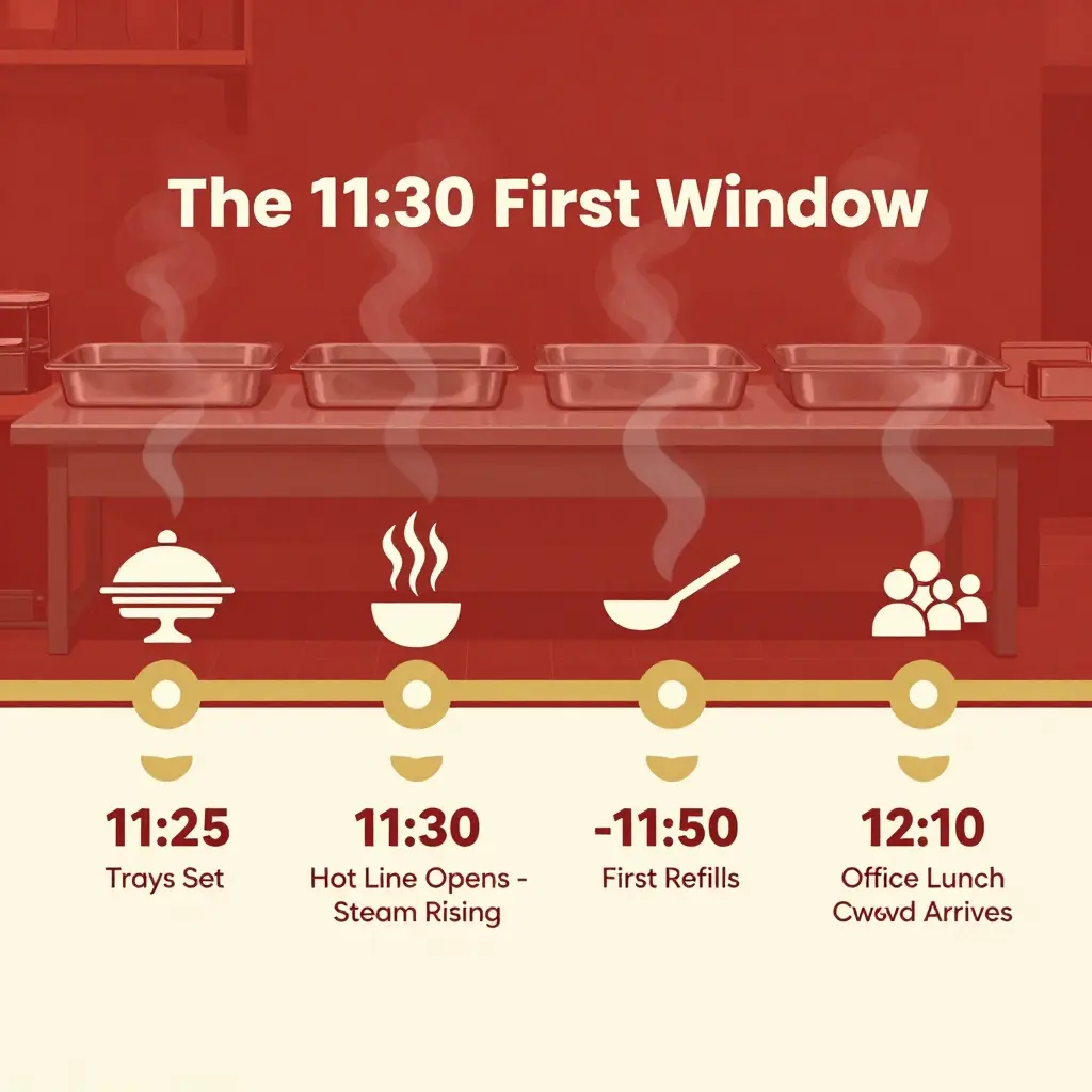 Timeline showing the 11:30 first window: trays set at 11:25, steam rising at 11:30, first refills by 11:50, and the office lunch crowd arriving around 12:10
