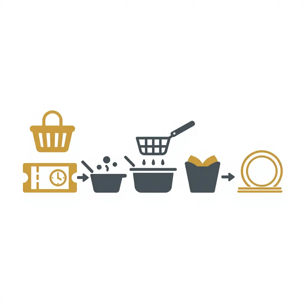 Flat two-tone schematic showing the fryer station sequence: order ticket, items dropped into fryer, batch cooking, basket lifted to drain, then plated or boxed for to-go.