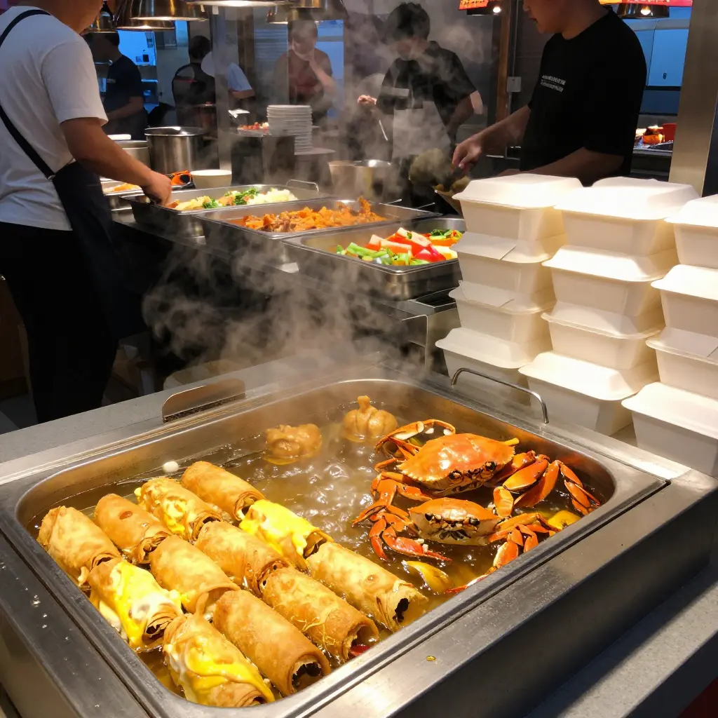 Busy fryer station and stacked takeout boxes at a Chinese buffet in Argyle Forest during the 6pm dinner rush