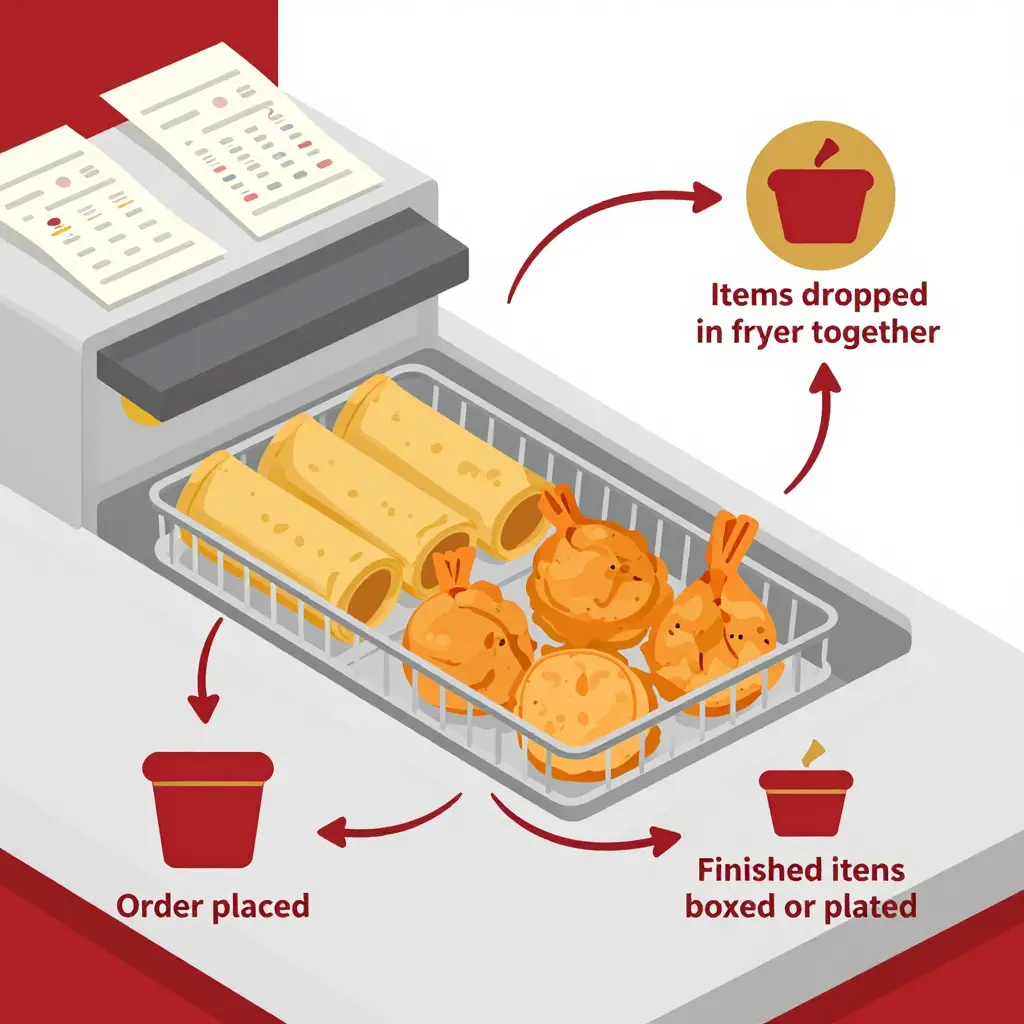 Diagram of the fryer station batch flow, from order placed to finished items boxed or plated, with order tickets queuing behind the fryer.