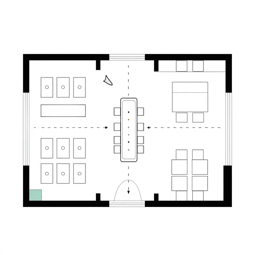 Flat 2D schematic floor plan of a Chinese buffet dining room showing two-top modules on the left, four-top clusters on the right, a central buffet line, and dashed circulation arrows for guest and server flow