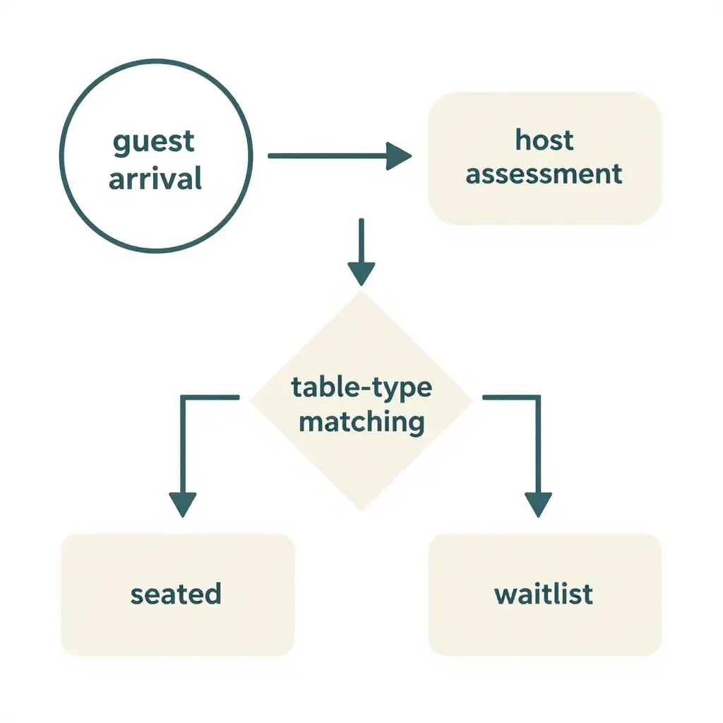 Two-dimensional seat flow diagram showing guest arrival, host assessment, a table-type matching decision, and branching seating or waitlist outcomes