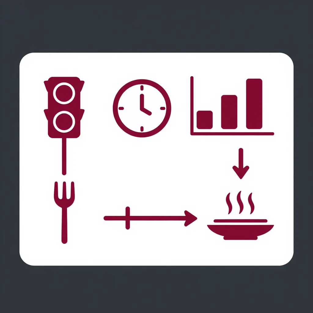 2D flat diagram showing a left-to-right decision flow for timing the second sesame chicken batch, with four stages linked by arrows