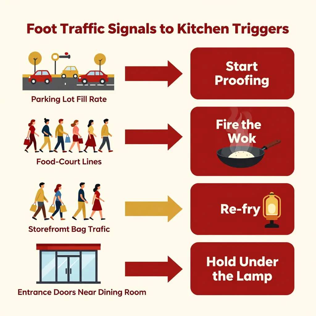 Flowchart mapping mall foot traffic signals to kitchen triggers for a Chinese buffet
