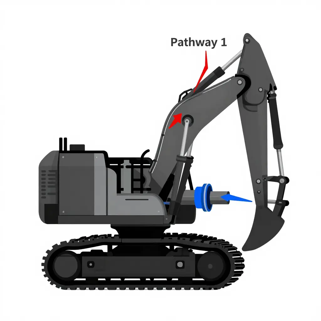 Flat 2D cross-section schematic of a mini excavator travel motor showing two leak pathways: red arrows from the internal rotating group toward the case drain line, and blue arrows passing the shaft seal toward the exterior.