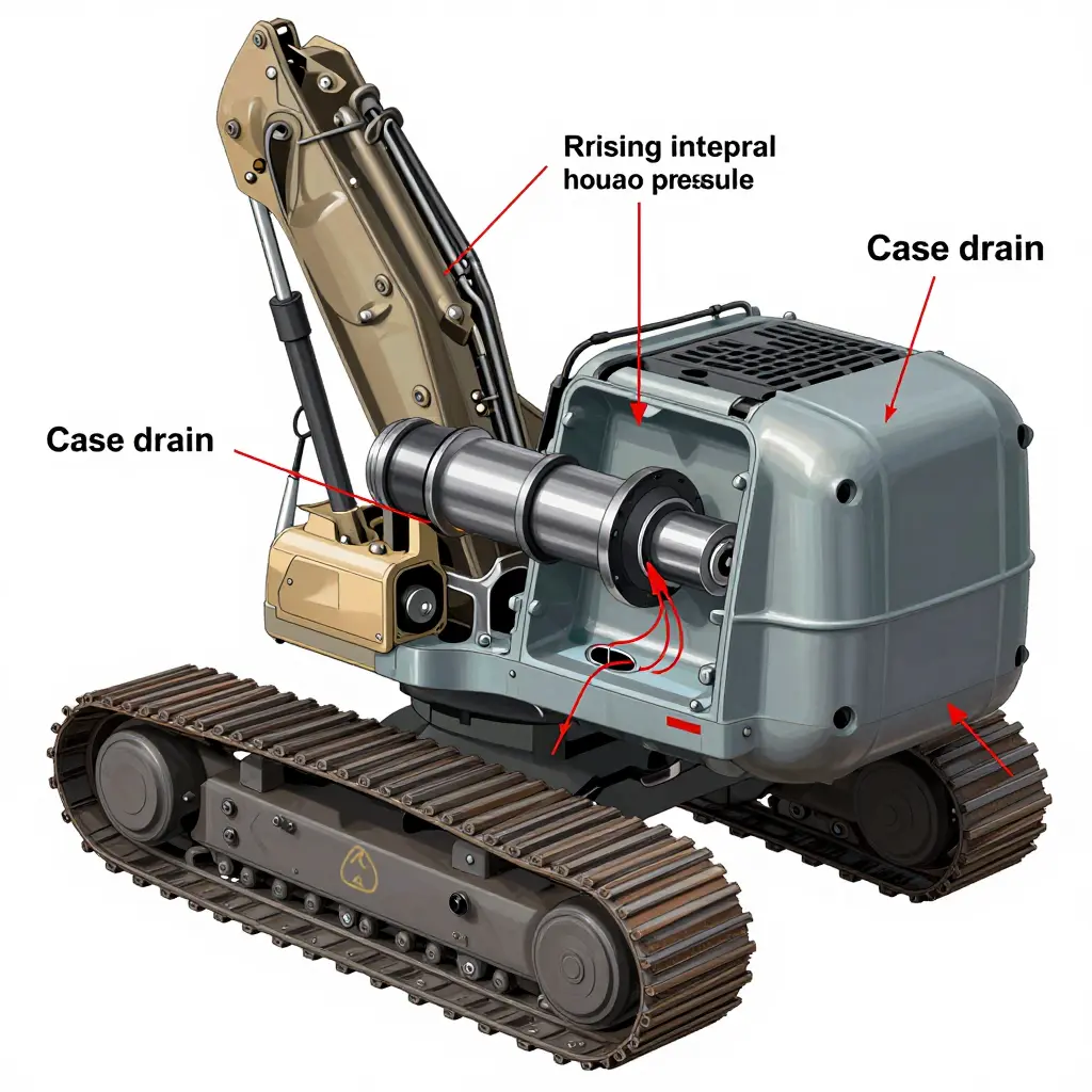 Cross-section diagram of a mini excavator travel motor showing case drain back pressure pushing fluid past the shaft seal