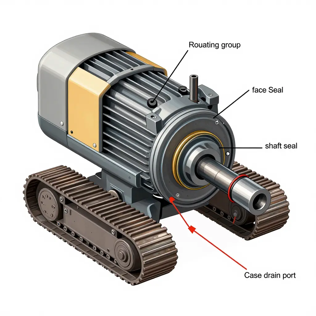 Cross-section diagram of a mini excavator travel motor showing the rotating group, piston and barrel assembly, face seal, shaft seal, and case drain port with internal leak pathways
