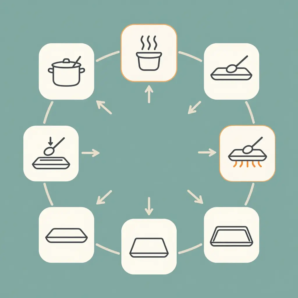 Minimalist two-dimensional circular flowchart showing the seven stages of the steam table refill cycle, from batch prepared through steaming, tray transfer, holding at temperature, guest draw-down, an empty tray, and a restocked batch connected by clockwise arrows